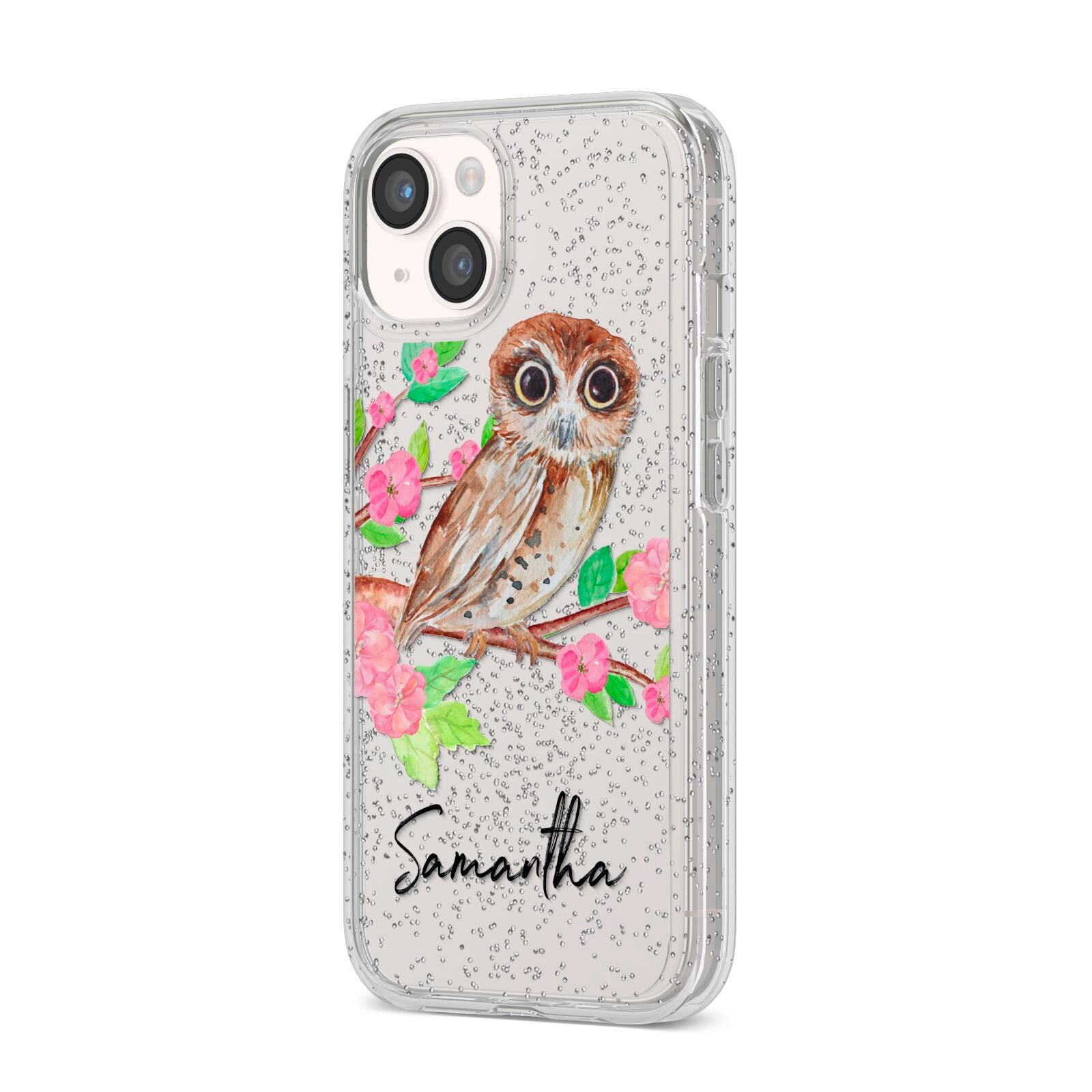 Personalised Owl iPhone 14 Glitter Tough Case Starlight Angled Image