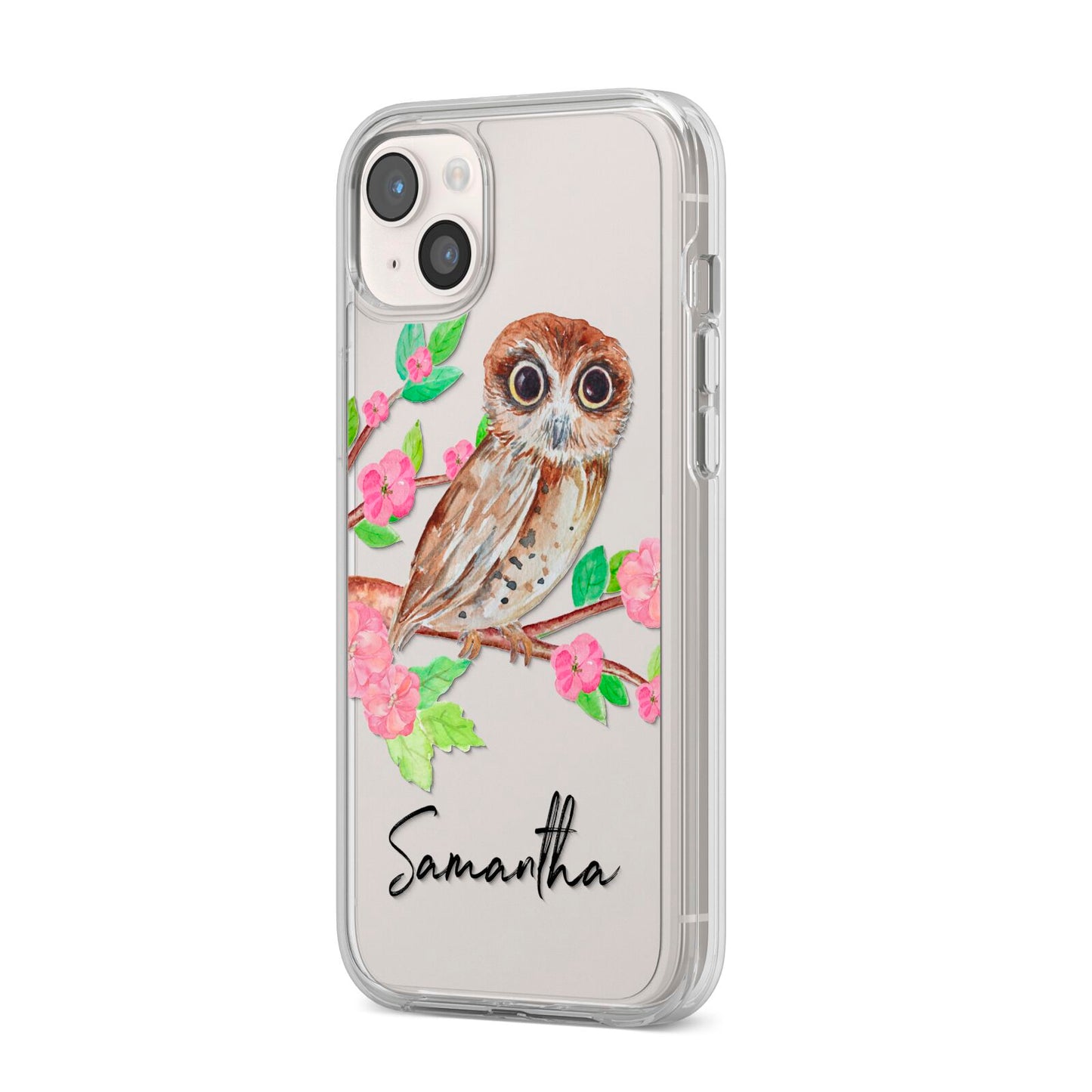 Personalised Owl iPhone 14 Plus Clear Tough Case Starlight Angled Image