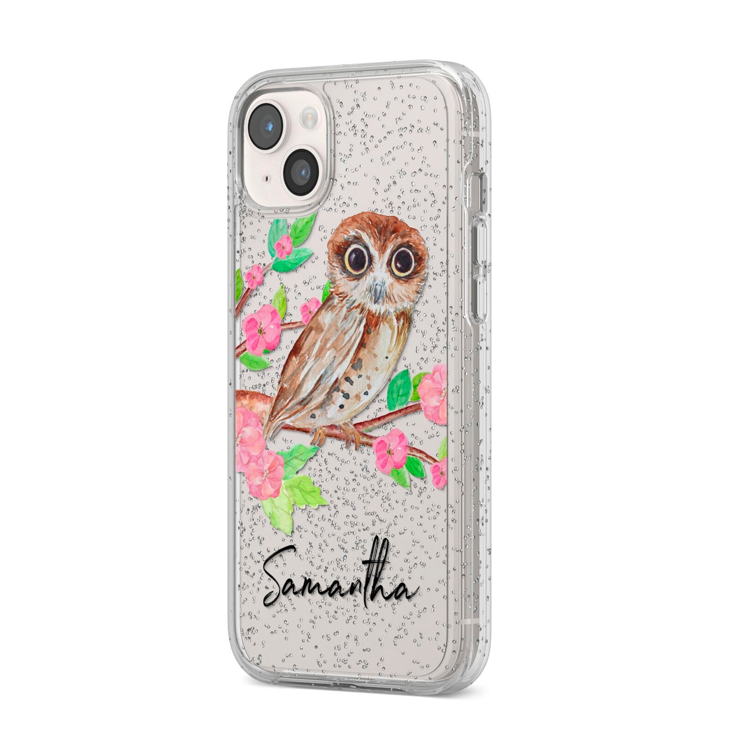 Personalised Owl iPhone 14 Plus Glitter Tough Case Starlight Angled Image