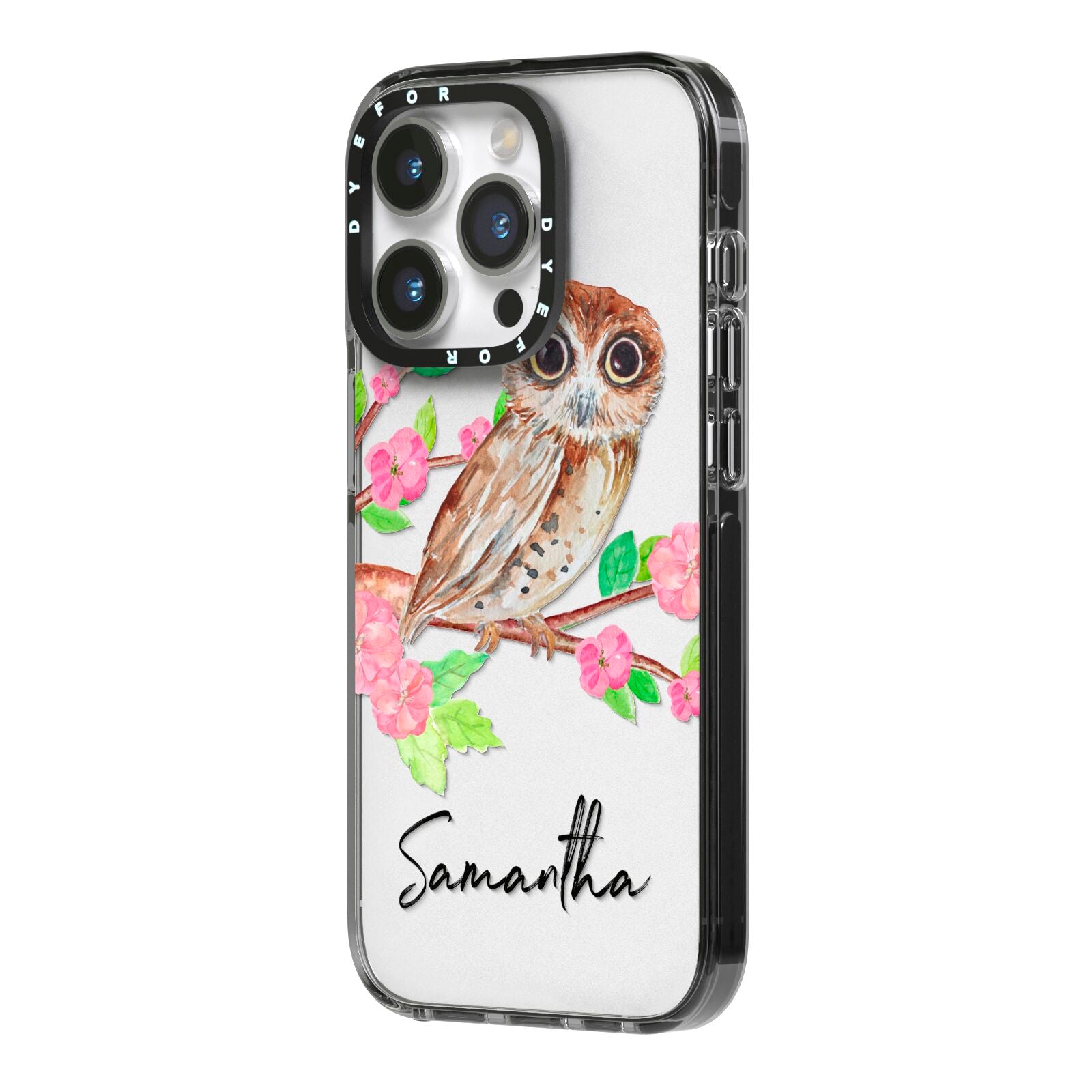 Personalised Owl iPhone 14 Pro Black Impact Case Side Angle on Silver phone