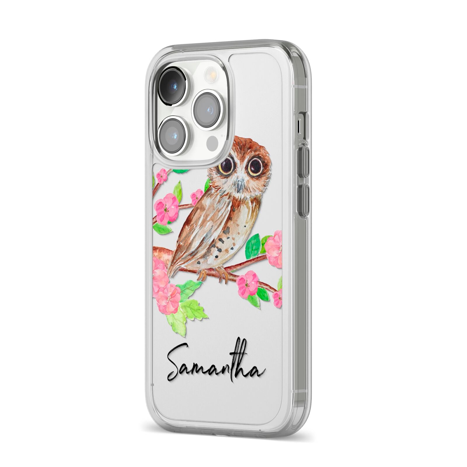 Personalised Owl iPhone 14 Pro Clear Tough Case Silver Angled Image