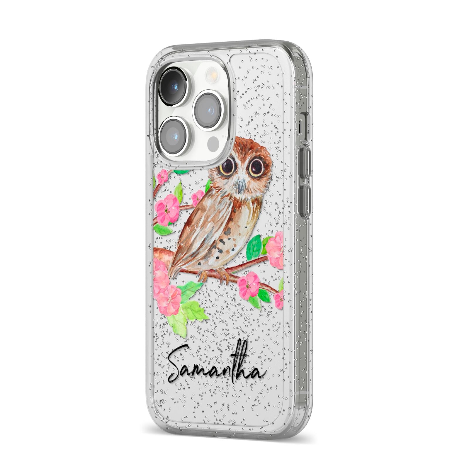 Personalised Owl iPhone 14 Pro Glitter Tough Case Silver Angled Image