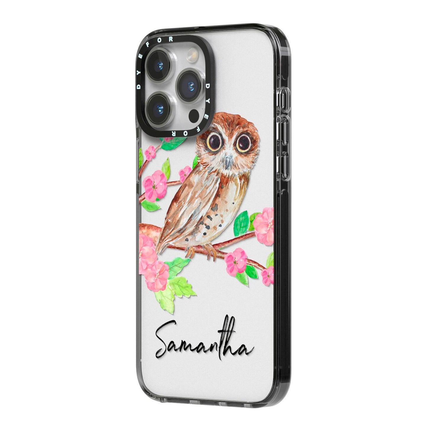 Personalised Owl iPhone 14 Pro Max Black Impact Case Side Angle on Silver phone