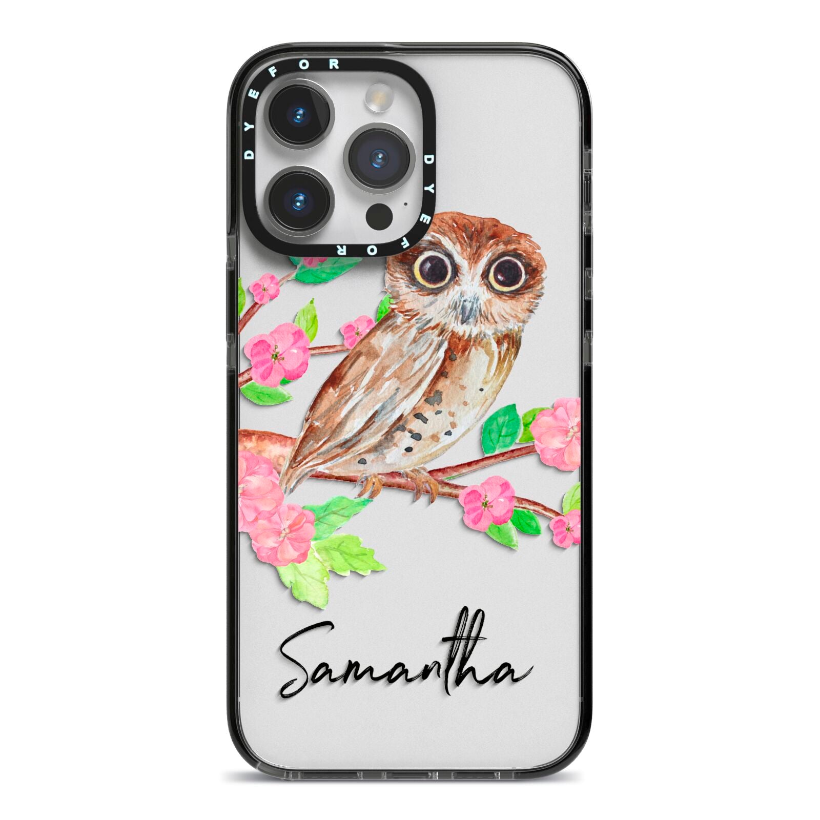Personalised Owl iPhone 14 Pro Max Black Impact Case on Silver phone