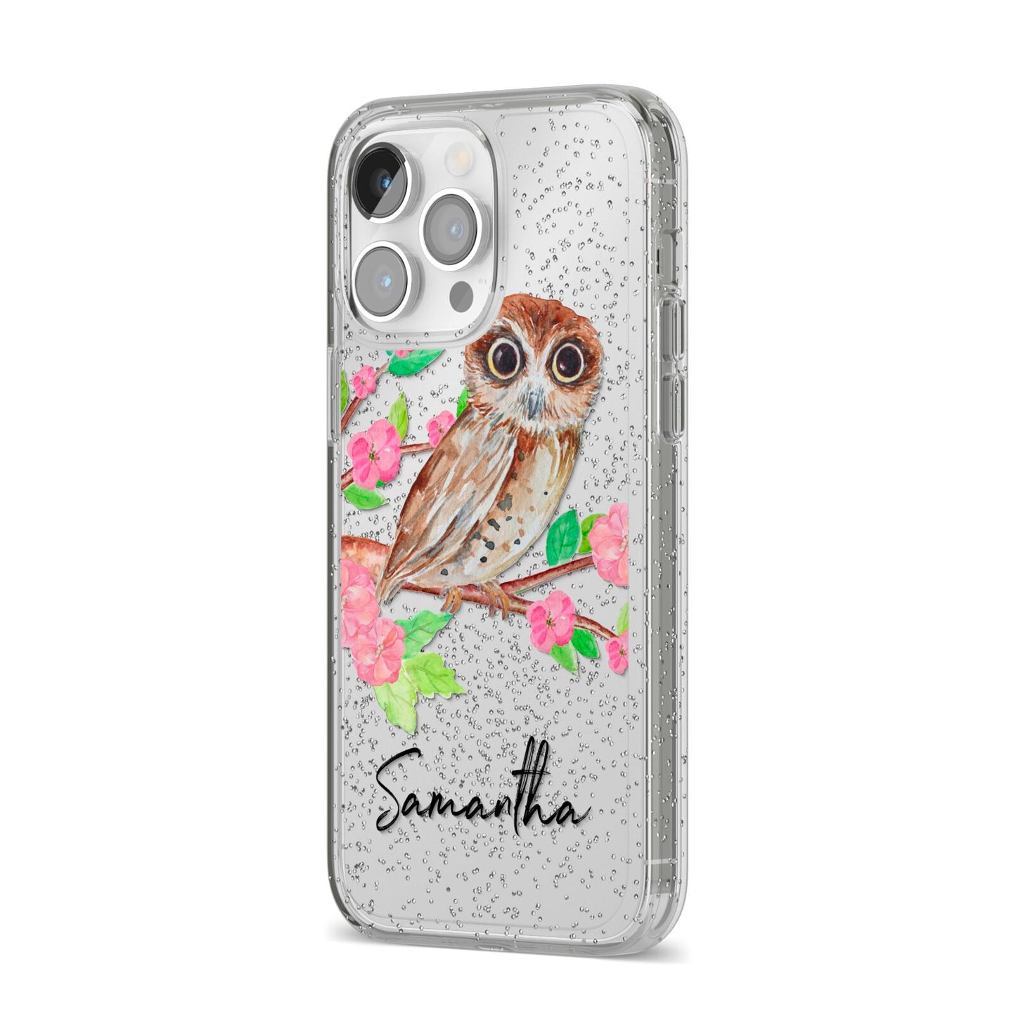 Personalised Owl iPhone 14 Pro Max Glitter Tough Case Silver Angled Image