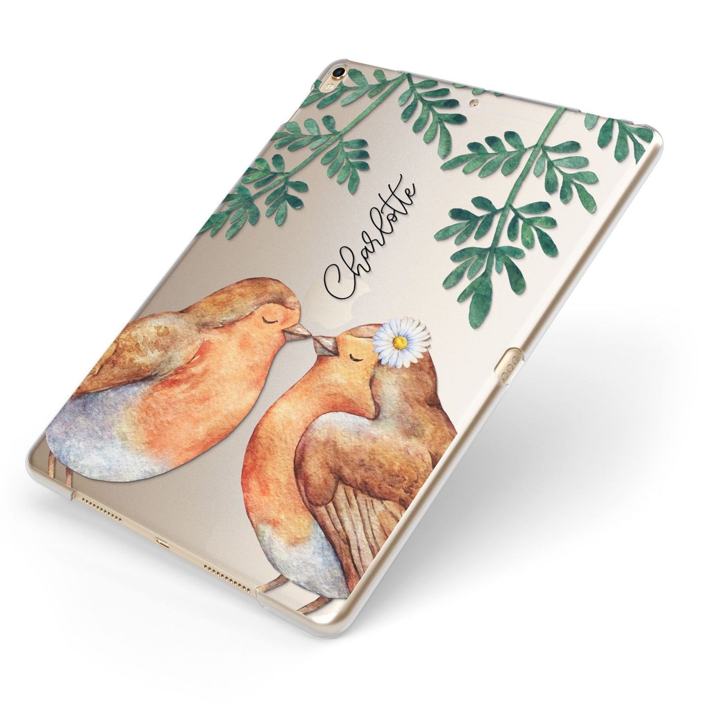 Personalised Pair of Robins Apple iPad Case on Gold iPad Side View