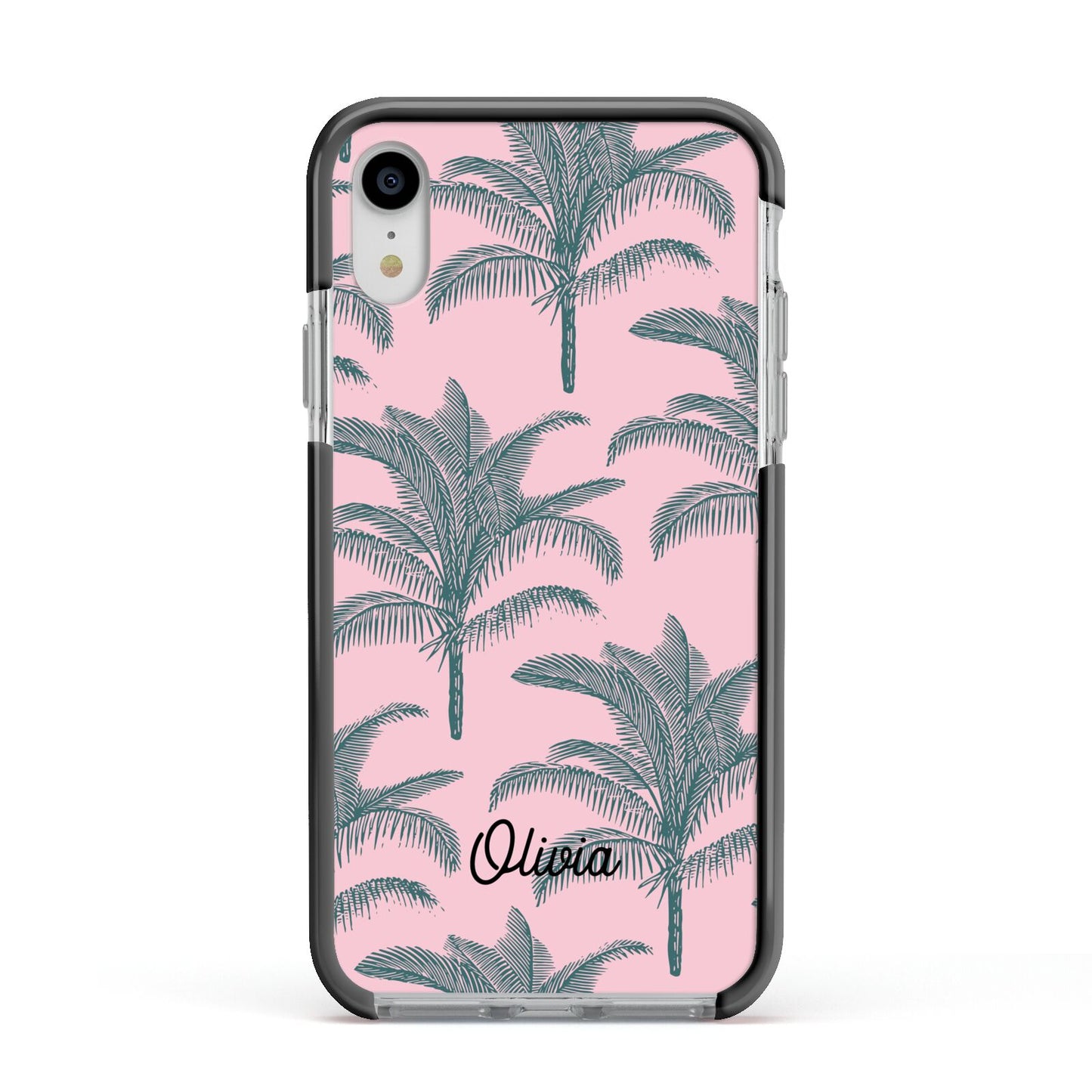 Personalised Palm Apple iPhone XR Impact Case Black Edge on Silver Phone