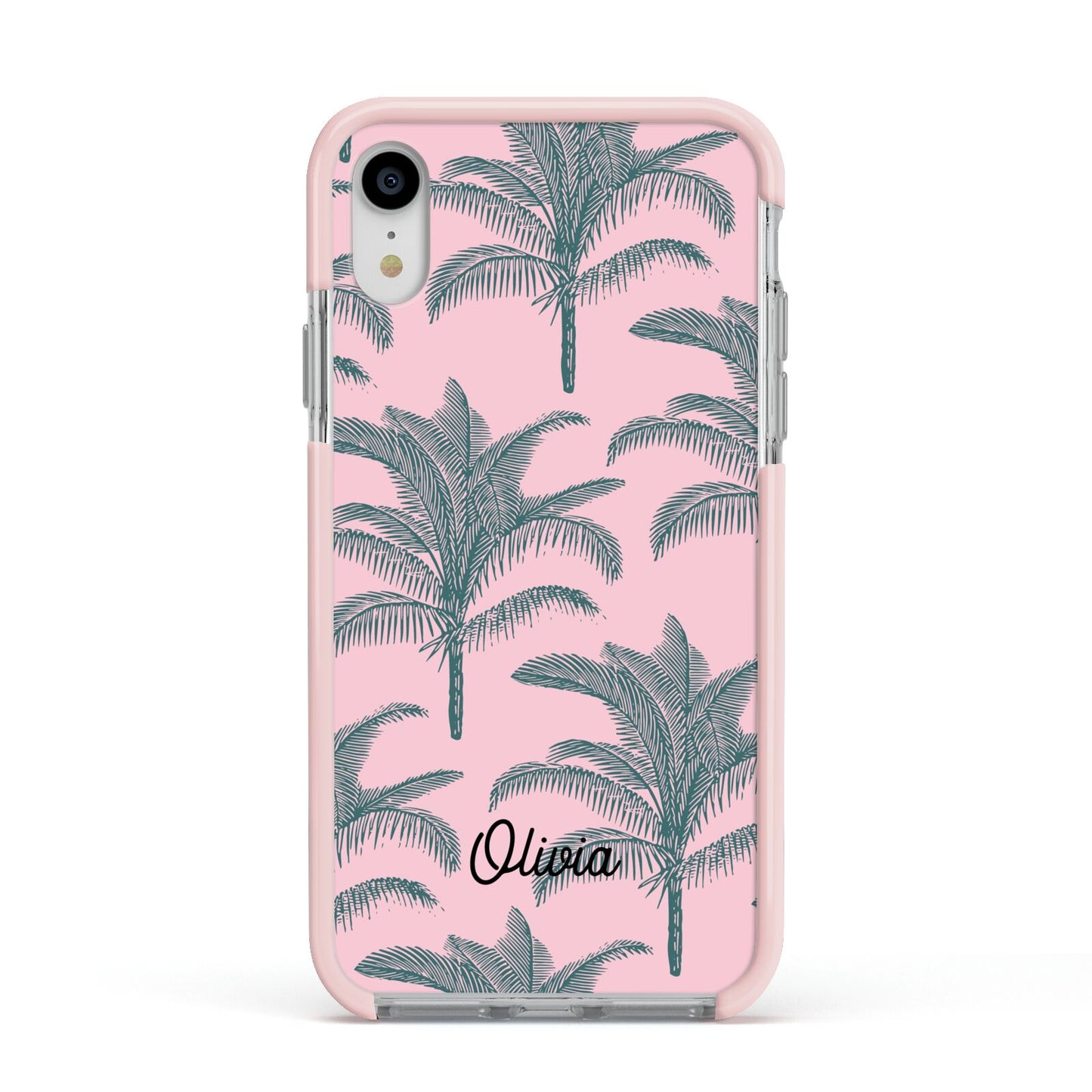 Personalised Palm Apple iPhone XR Impact Case Pink Edge on Silver Phone