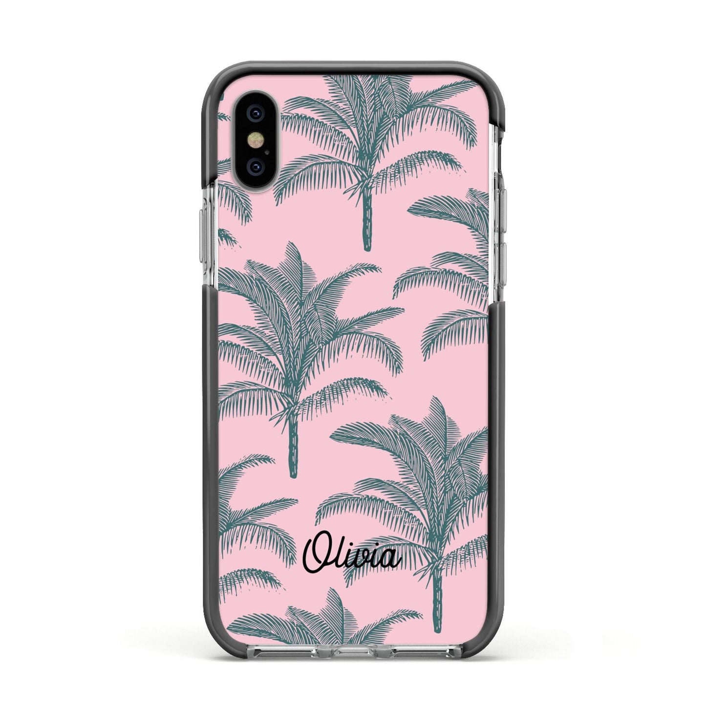 Personalised Palm Apple iPhone Xs Impact Case Black Edge on Silver Phone