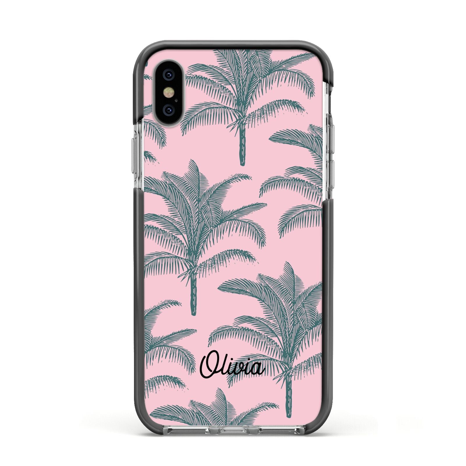 Personalised Palm Apple iPhone Xs Impact Case Black Edge on Silver Phone
