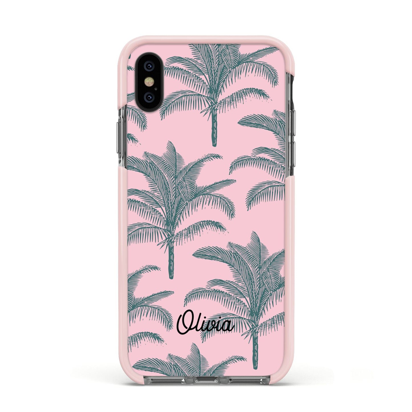 Personalised Palm Apple iPhone Xs Impact Case Pink Edge on Black Phone