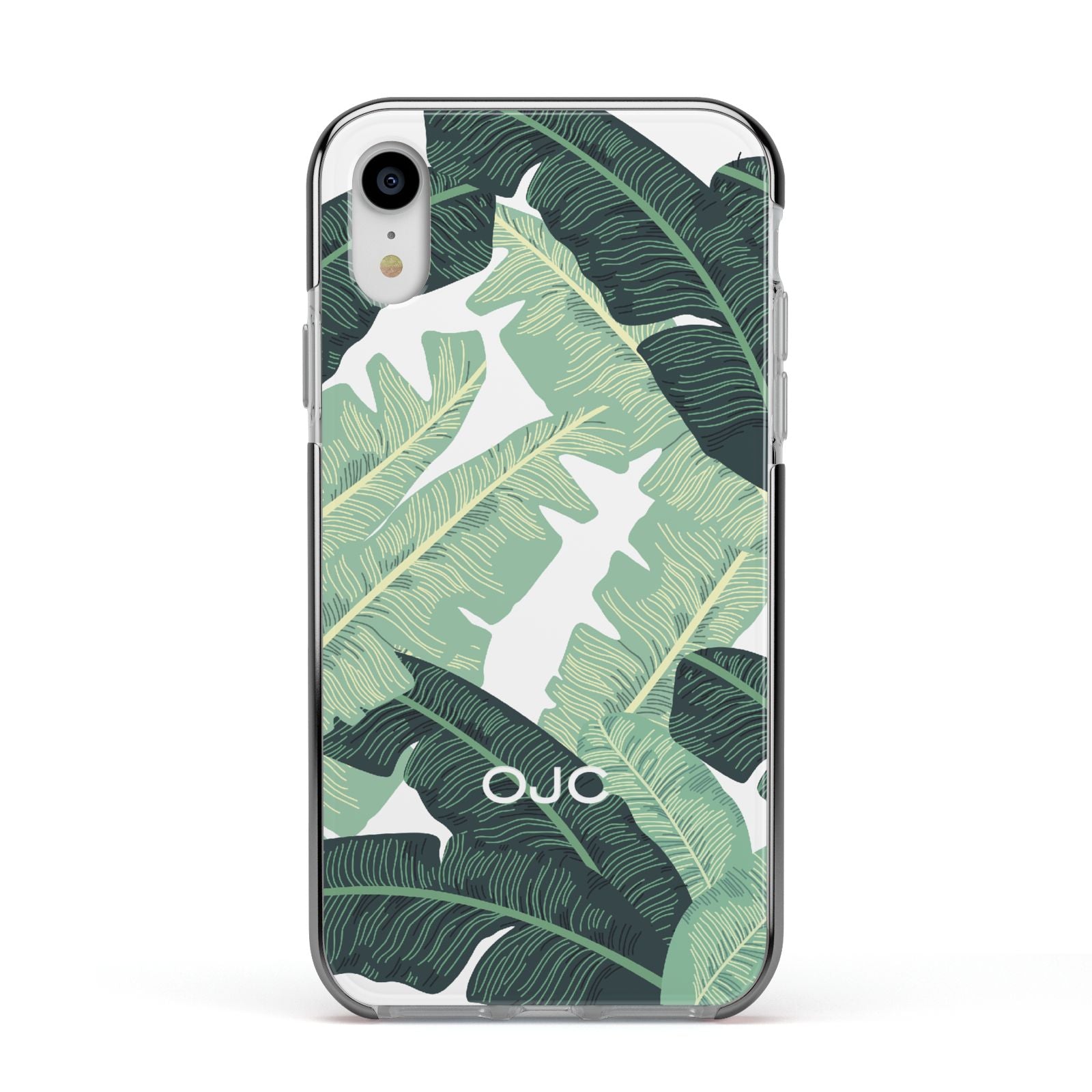 Personalised Palm Banana Leaf Apple iPhone XR Impact Case Black Edge on Silver Phone