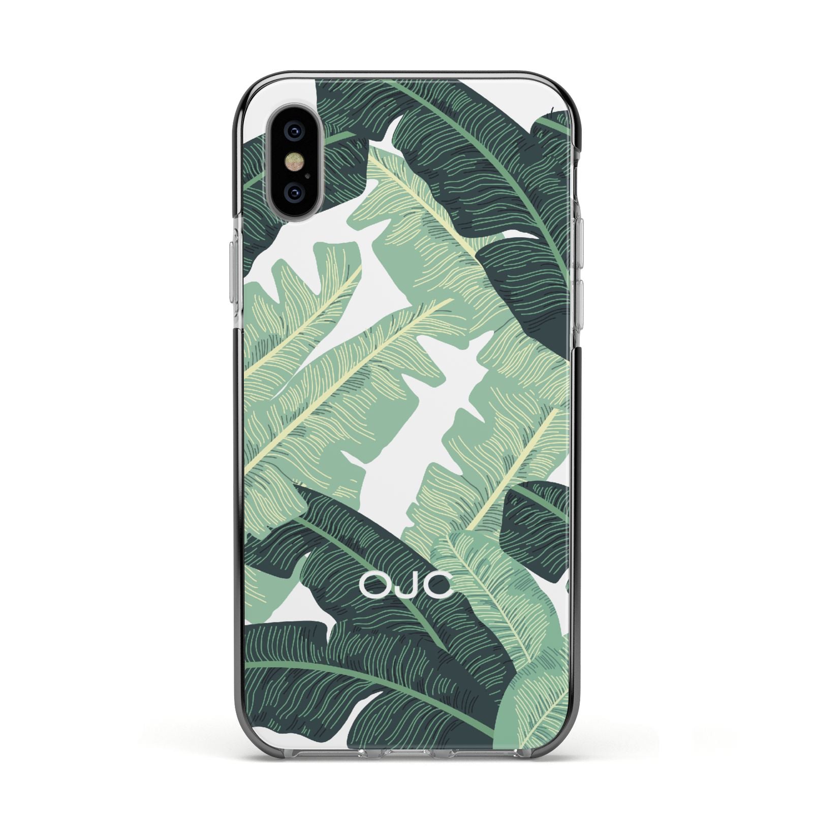 Personalised Palm Banana Leaf Apple iPhone Xs Impact Case Black Edge on Silver Phone