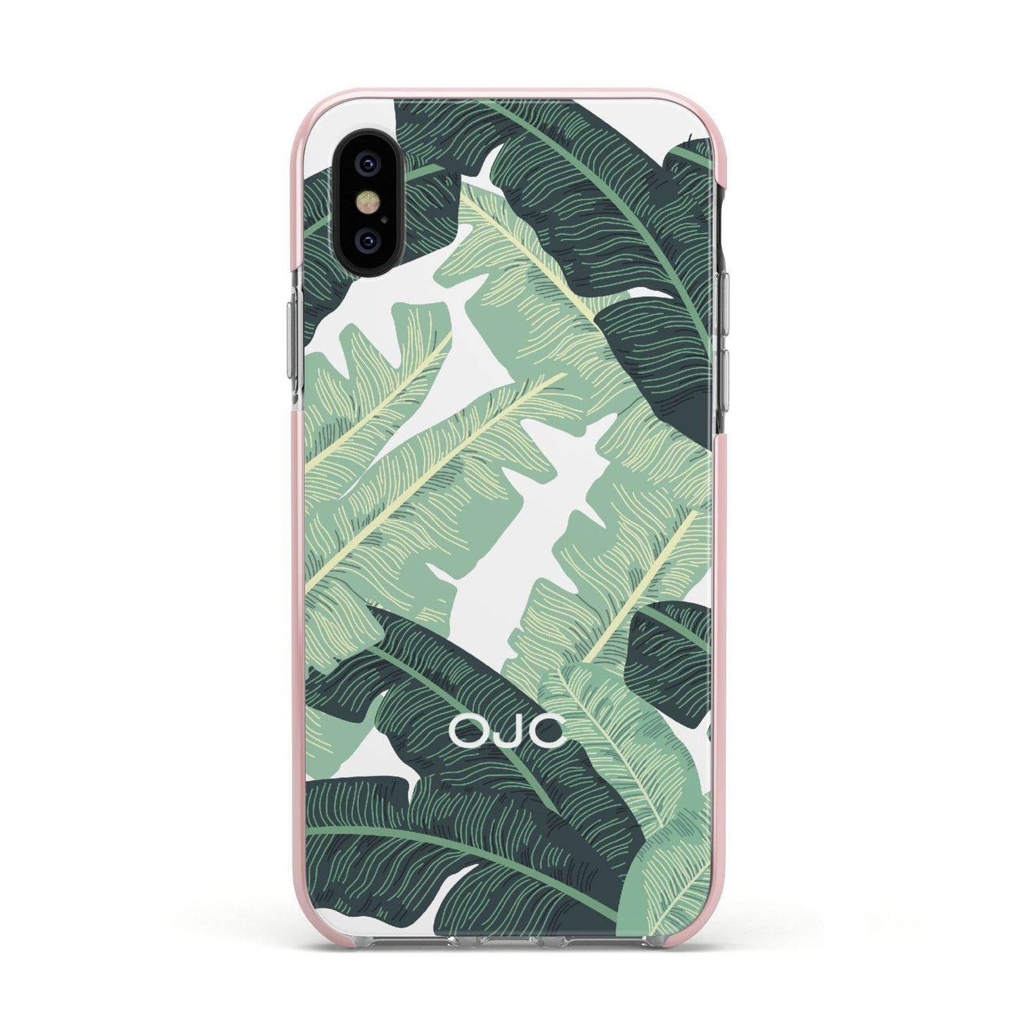 Personalised Palm Banana Leaf Apple iPhone Xs Impact Case Pink Edge on Black Phone