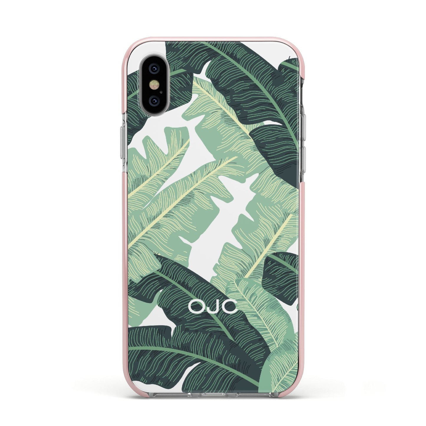 Personalised Palm Banana Leaf Apple iPhone Xs Impact Case Pink Edge on Silver Phone
