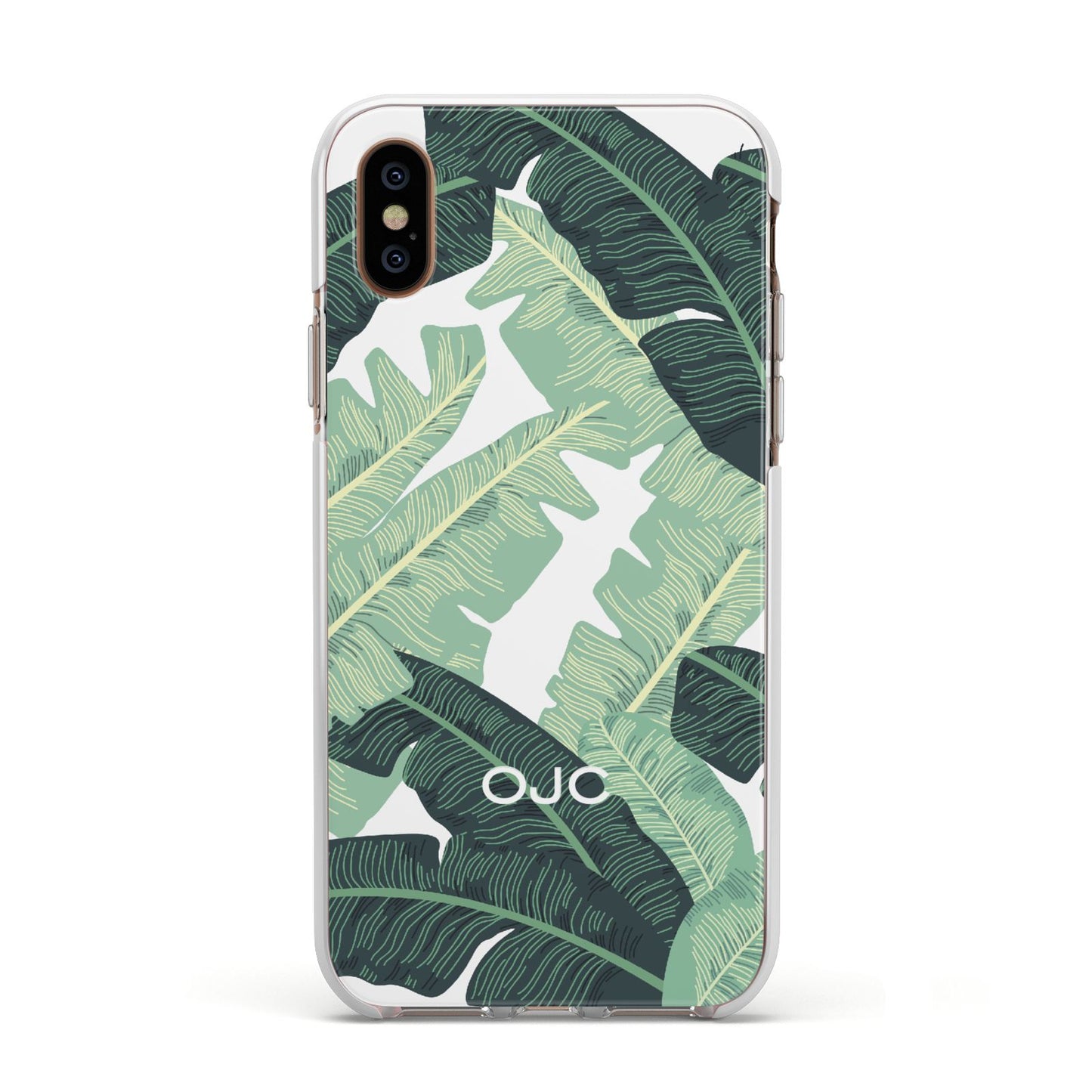 Personalised Palm Banana Leaf Apple iPhone Xs Impact Case White Edge on Gold Phone