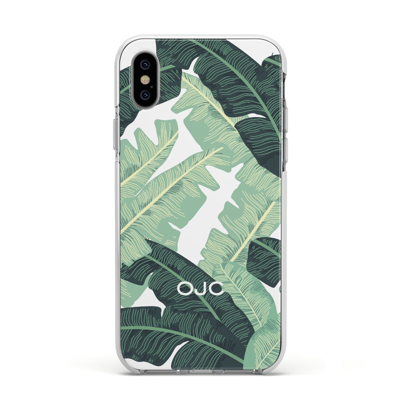 Personalised Palm Banana Leaf Apple iPhone Xs Impact Case White Edge on Silver Phone