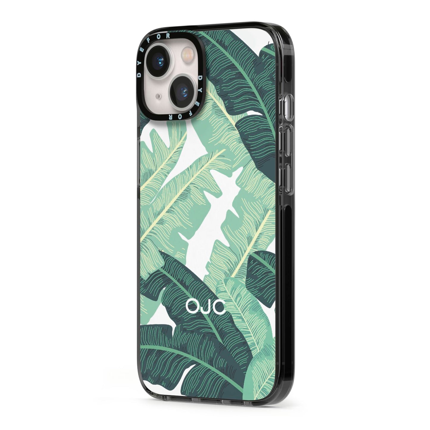 Personalised Palm Banana Leaf iPhone 13 Black Impact Case Side Angle on Silver phone