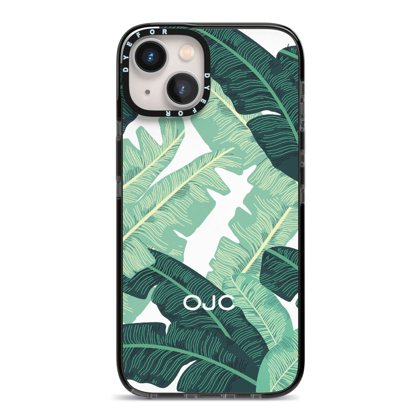 Personalised Palm Banana Leaf iPhone 13 Black Impact Case on Silver phone