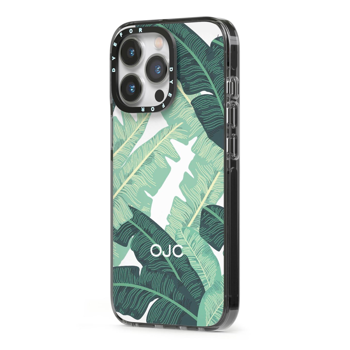 Personalised Palm Banana Leaf iPhone 13 Pro Black Impact Case Side Angle on Silver phone