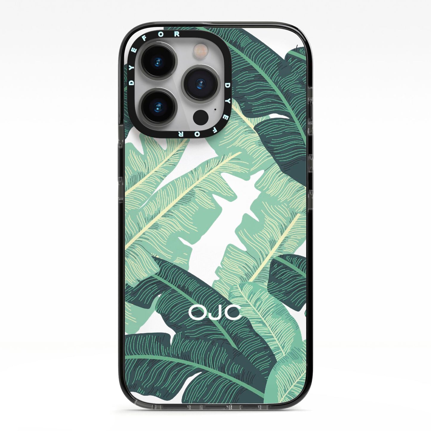 Personalised Palm Banana Leaf iPhone 13 Pro Black Impact Case on Silver phone