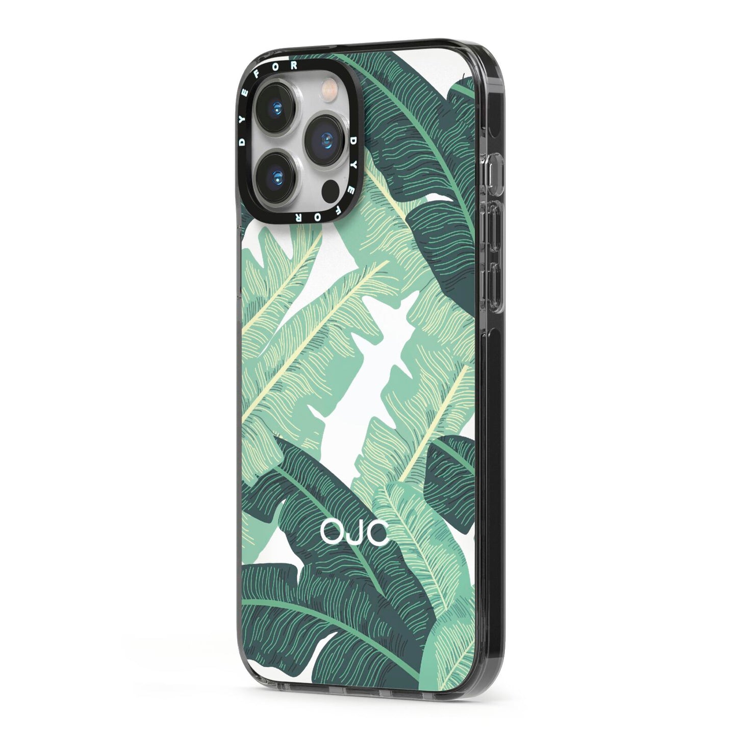 Personalised Palm Banana Leaf iPhone 13 Pro Max Black Impact Case Side Angle on Silver phone