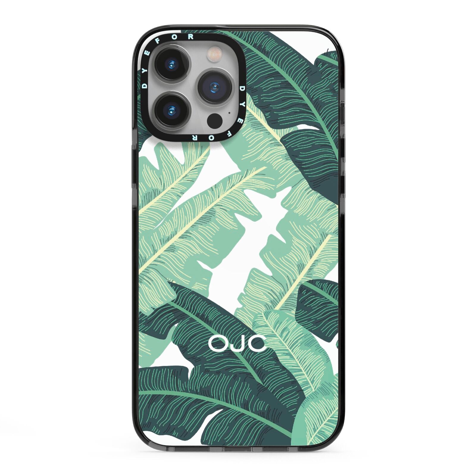 Personalised Palm Banana Leaf iPhone 13 Pro Max Black Impact Case on Silver phone