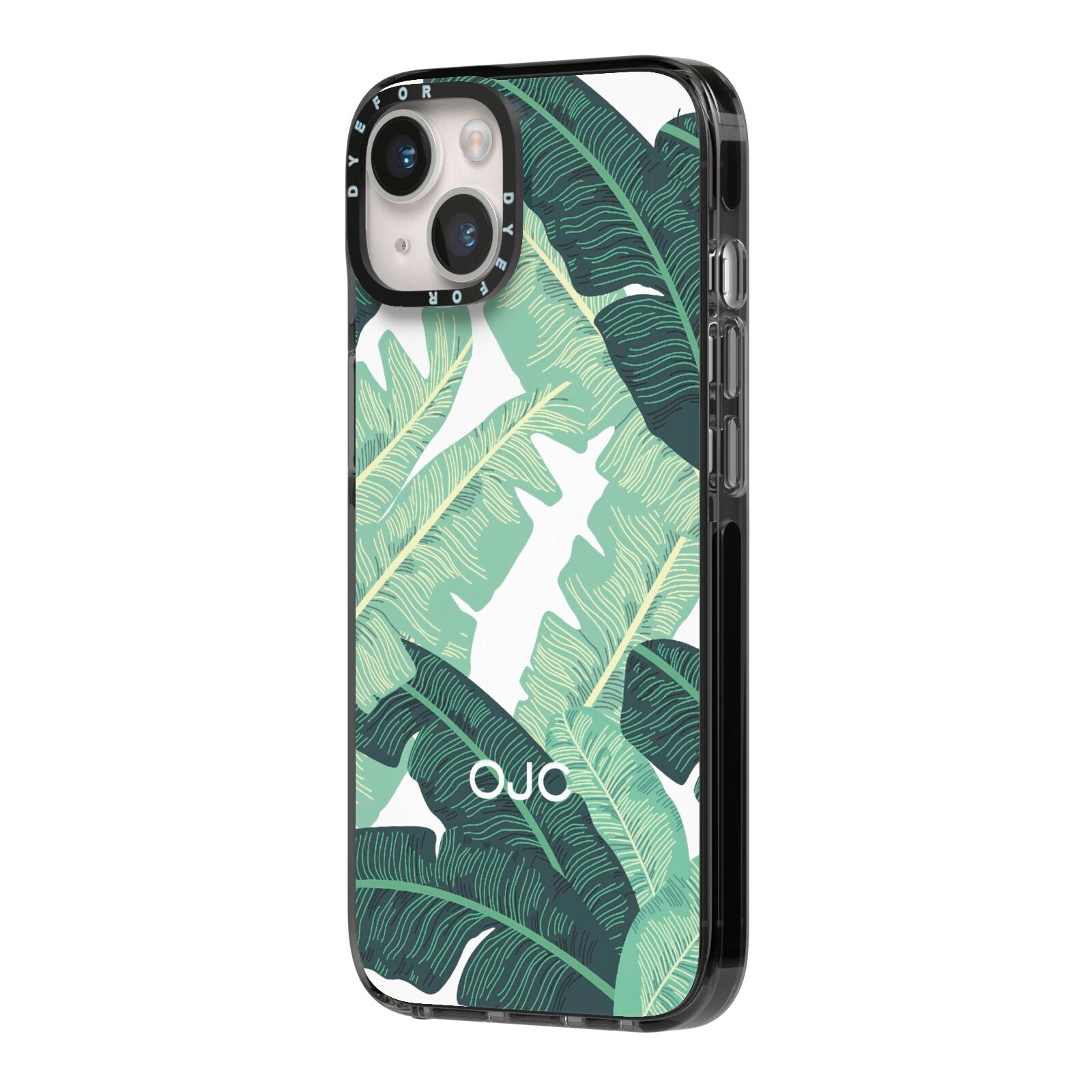 Personalised Palm Banana Leaf iPhone 14 Black Impact Case Side Angle on Silver phone