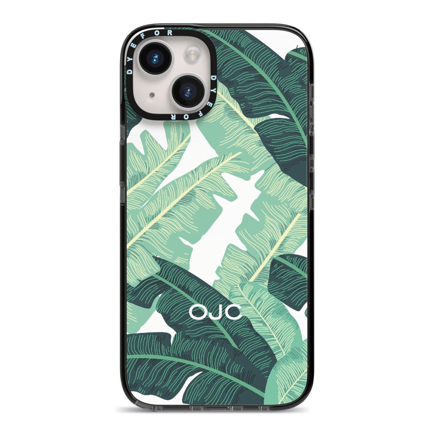 Personalised Palm Banana Leaf iPhone 14 Black Impact Case on Silver phone