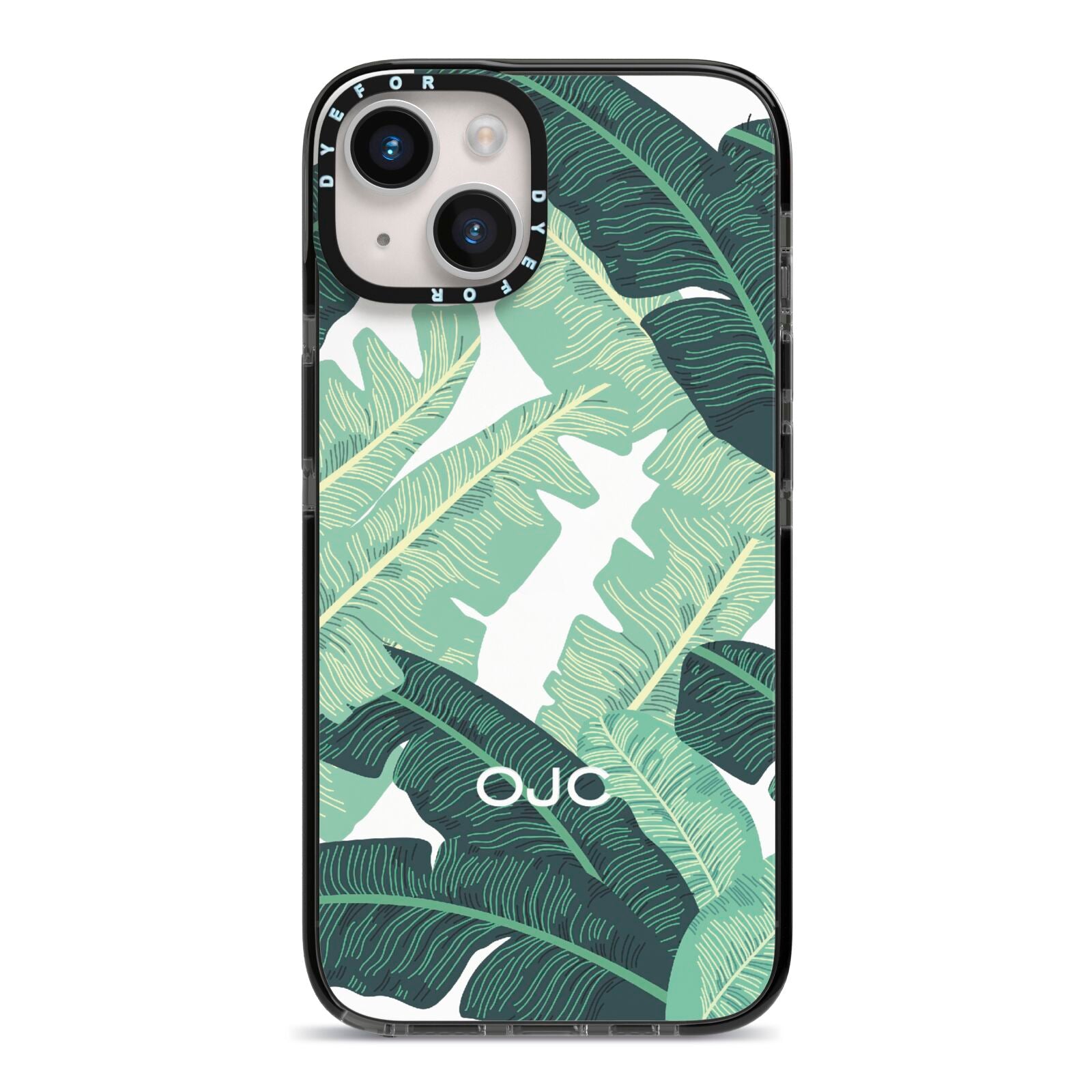Personalised Palm Banana Leaf iPhone 14 Black Impact Case on Silver phone