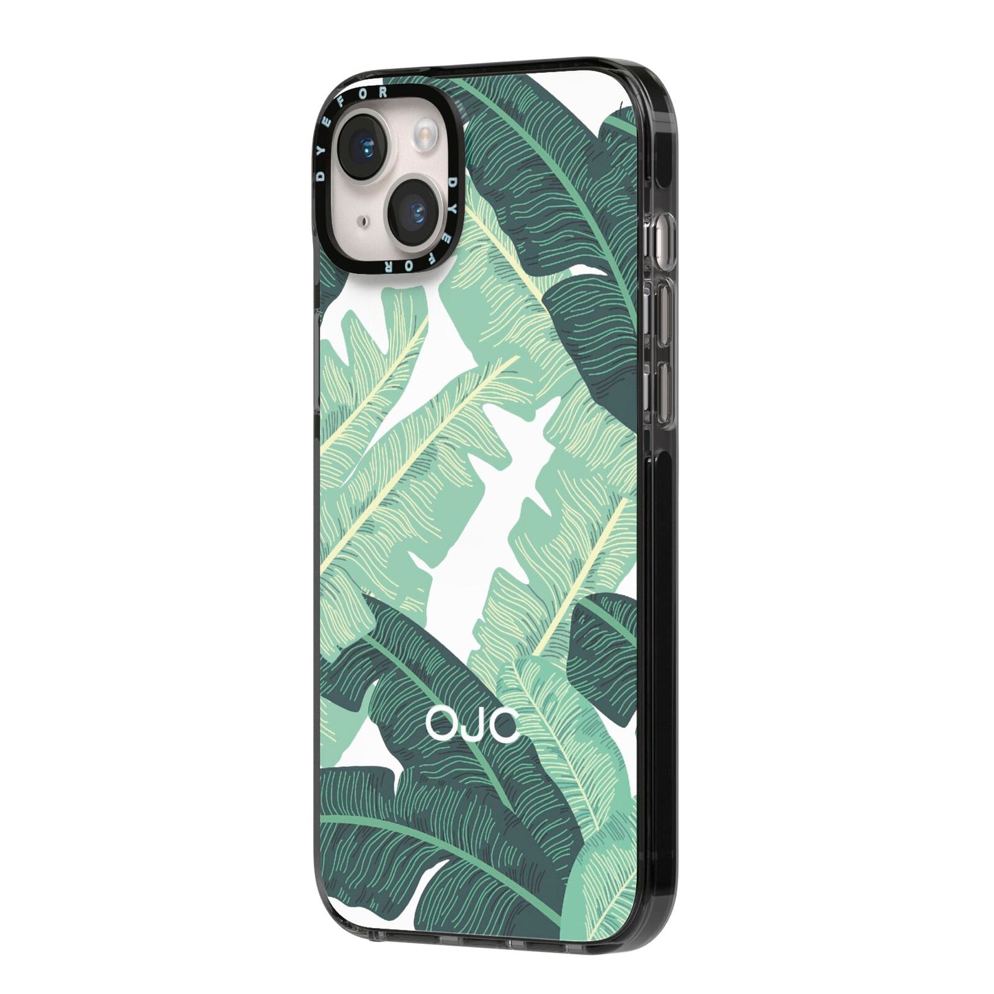 Personalised Palm Banana Leaf iPhone 14 Plus Black Impact Case Side Angle on Silver phone