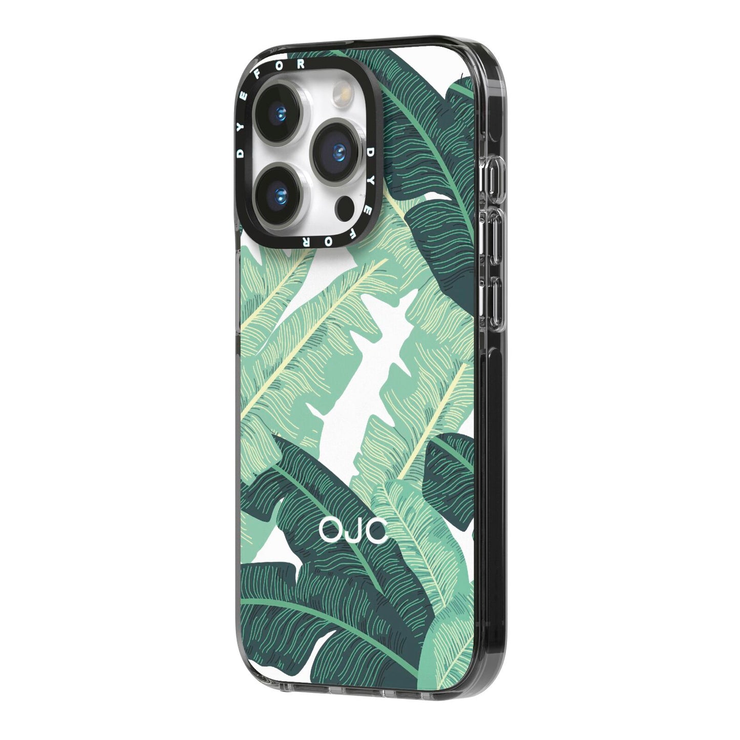 Personalised Palm Banana Leaf iPhone 14 Pro Black Impact Case Side Angle on Silver phone