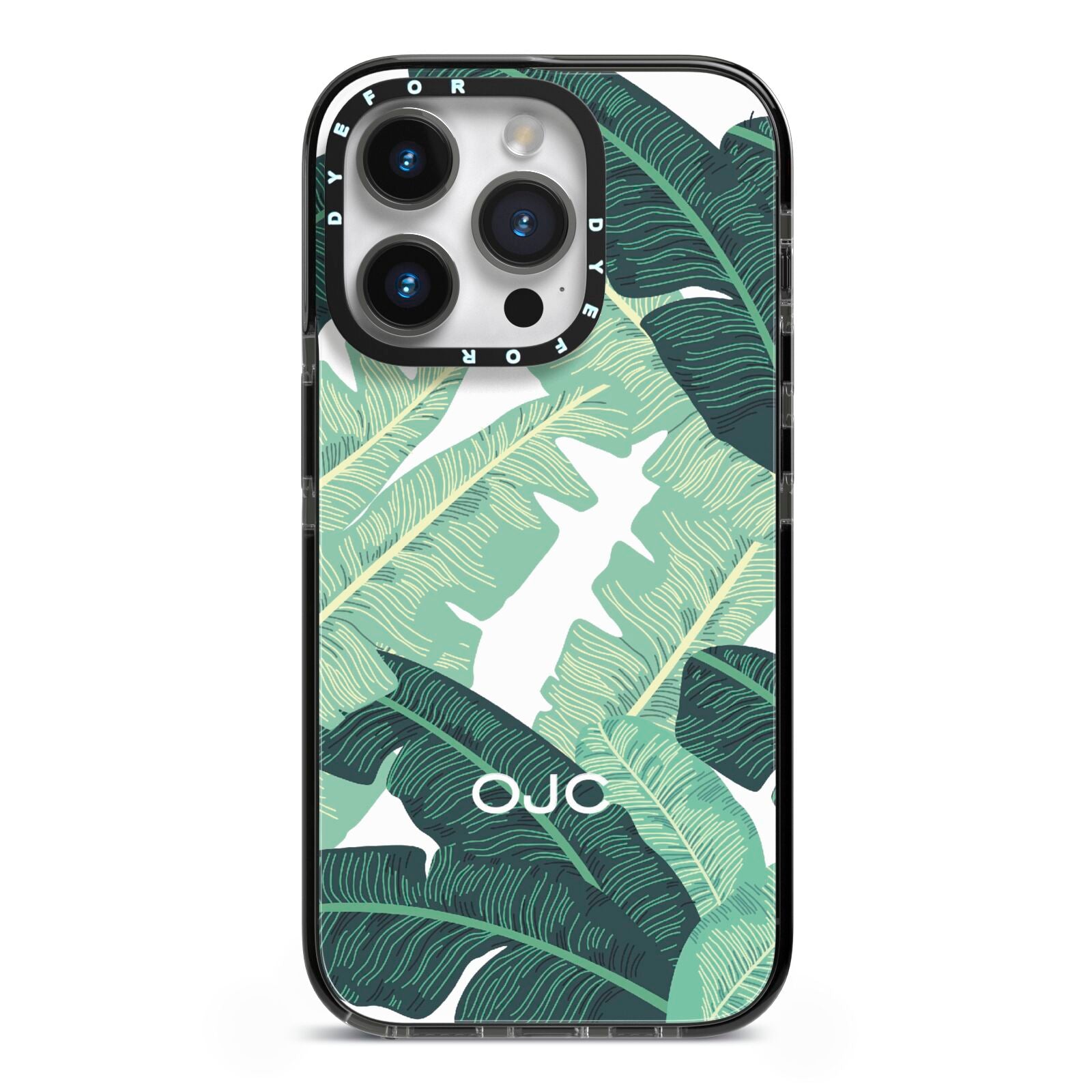 Personalised Palm Banana Leaf iPhone 14 Pro Black Impact Case on Silver phone