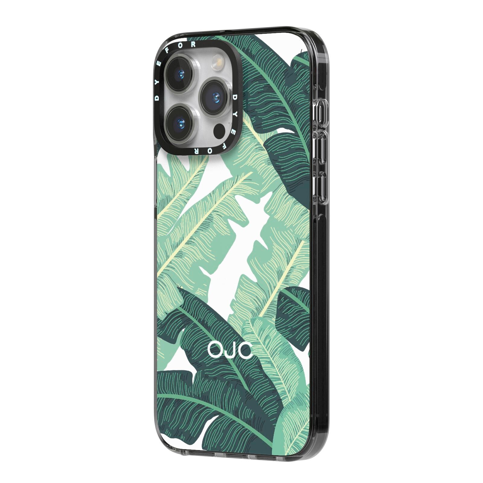 Personalised Palm Banana Leaf iPhone 14 Pro Max Black Impact Case Side Angle on Silver phone