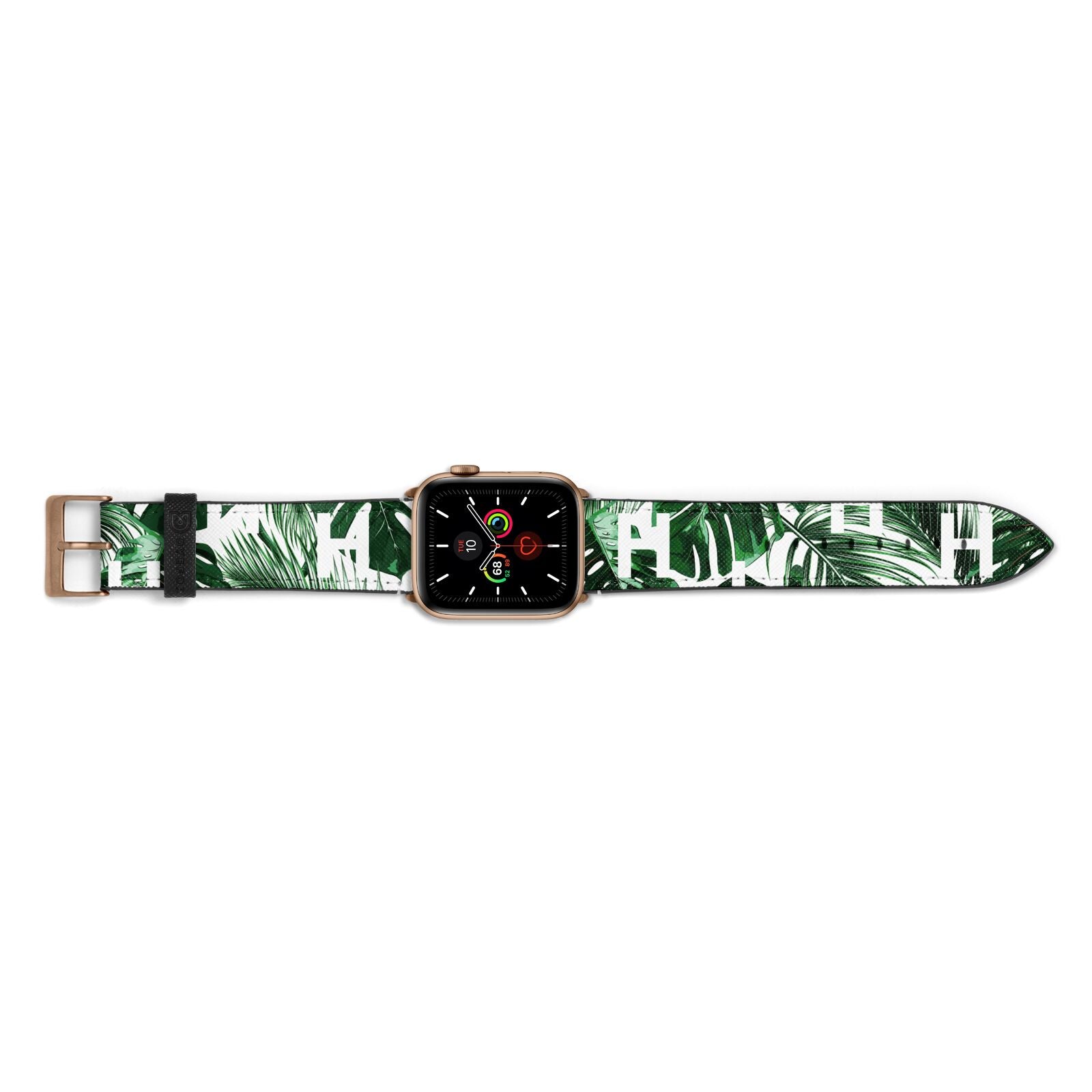 Personalised Palm Monstera Leaf Tropical Print Apple Watch Strap Landscape Image Gold Hardware