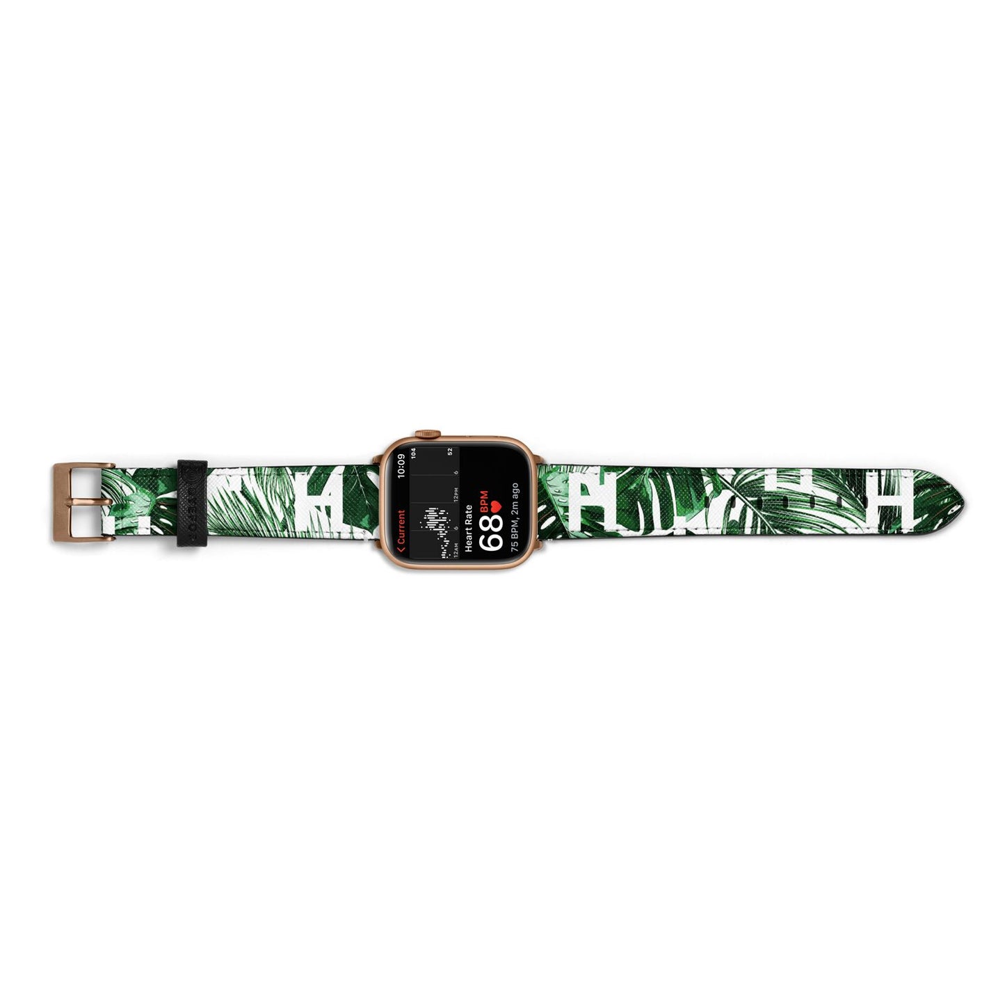 Personalised Palm Monstera Leaf Tropical Print Apple Watch Strap Size 38mm Landscape Image Gold Hardware