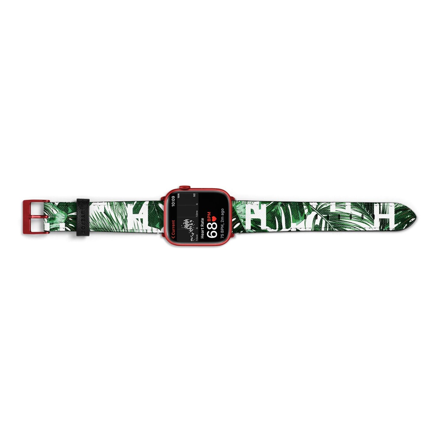 Personalised Palm Monstera Leaf Tropical Print Apple Watch Strap Size 38mm Landscape Image Red Hardware