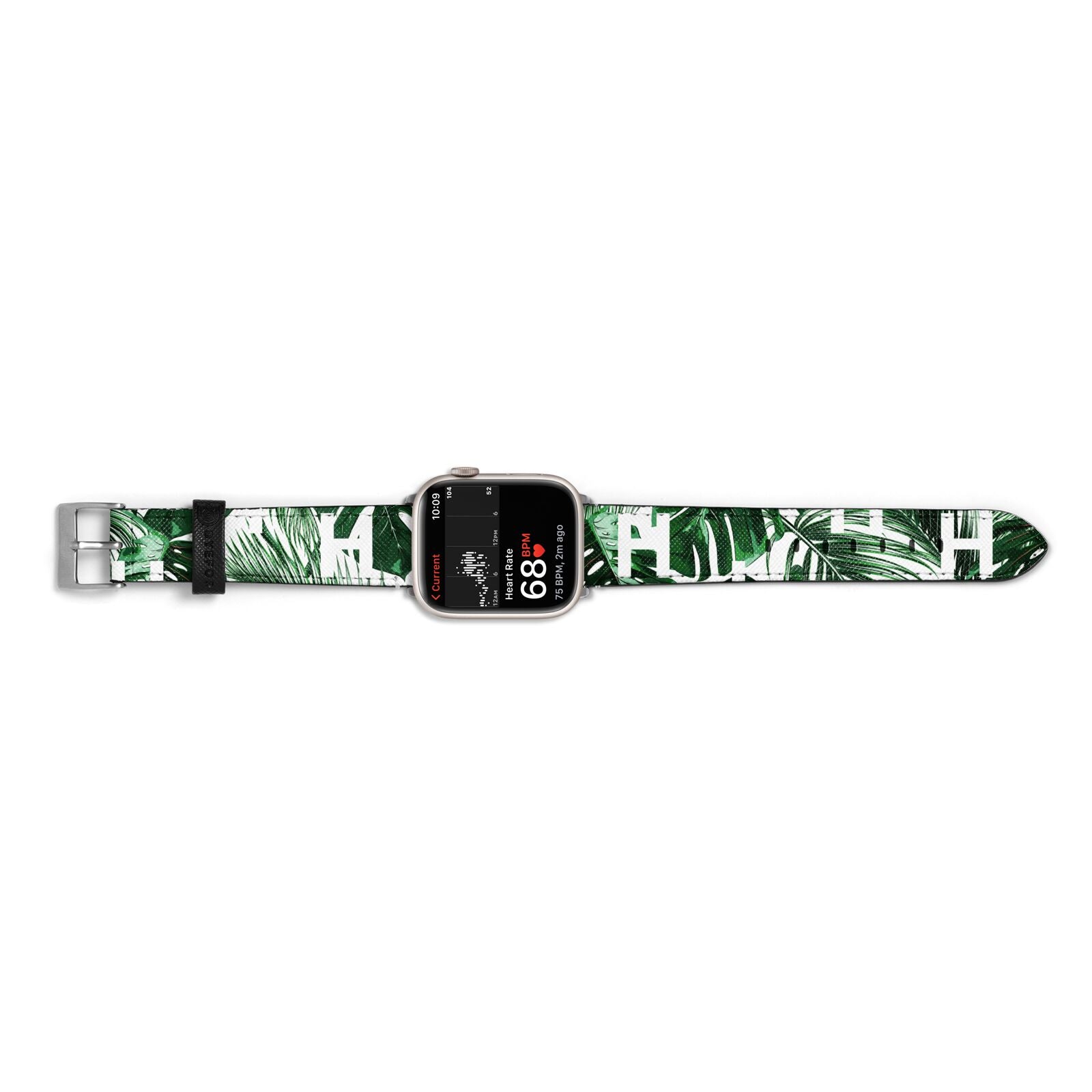 Personalised Palm Monstera Leaf Tropical Print Apple Watch Strap Size 38mm Landscape Image Silver Hardware