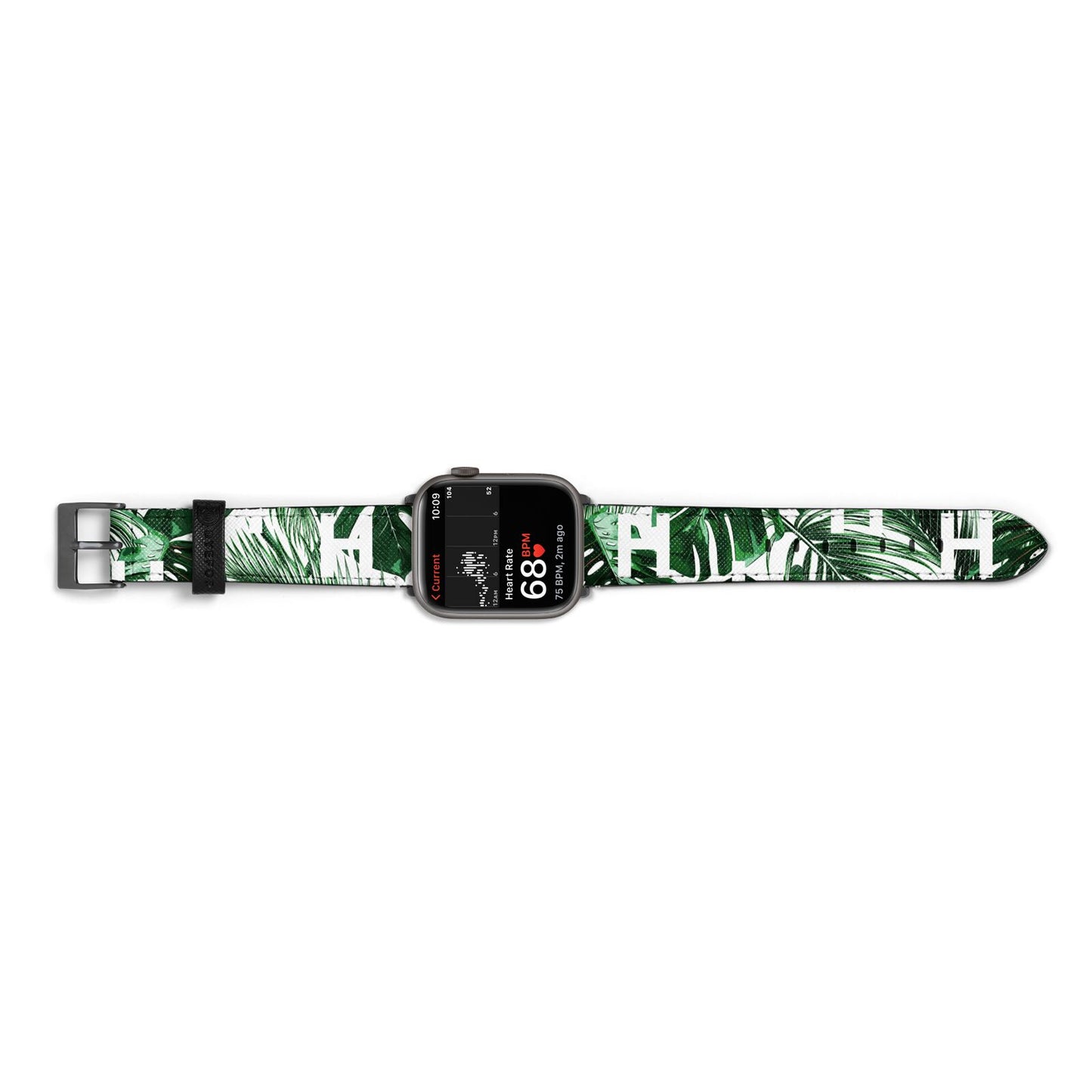 Personalised Palm Monstera Leaf Tropical Print Apple Watch Strap Size 38mm Landscape Image Space Grey Hardware