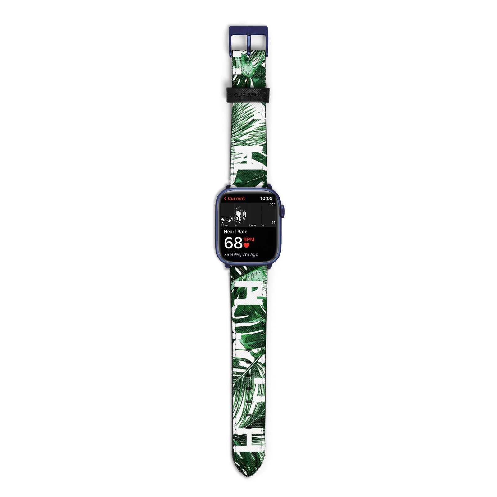 Personalised Palm Monstera Leaf Tropical Print Apple Watch Strap Size 38mm with Blue Hardware