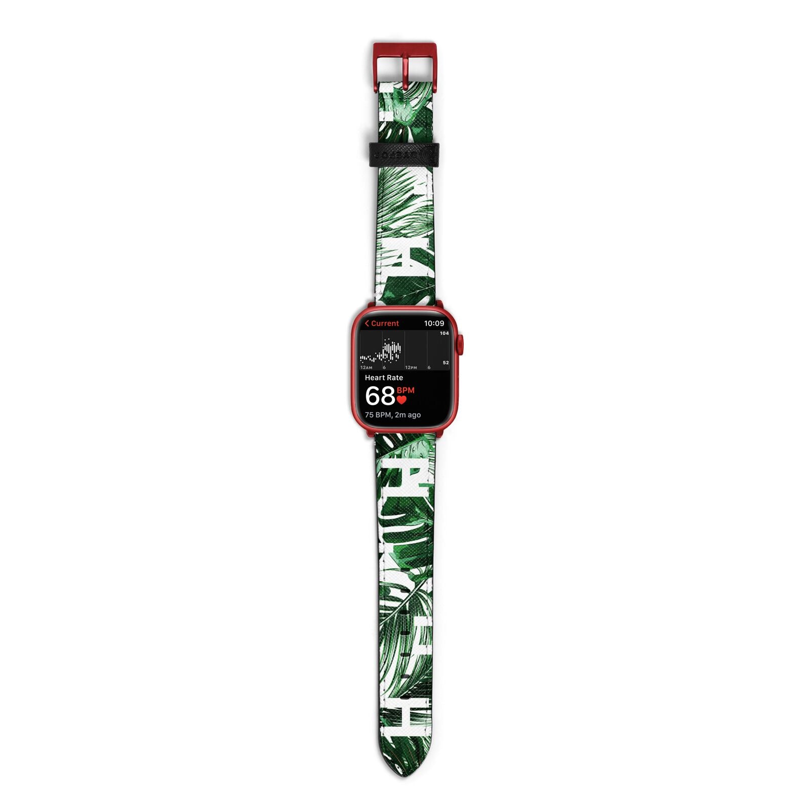 Personalised Palm Monstera Leaf Tropical Print Apple Watch Strap Size 38mm with Red Hardware