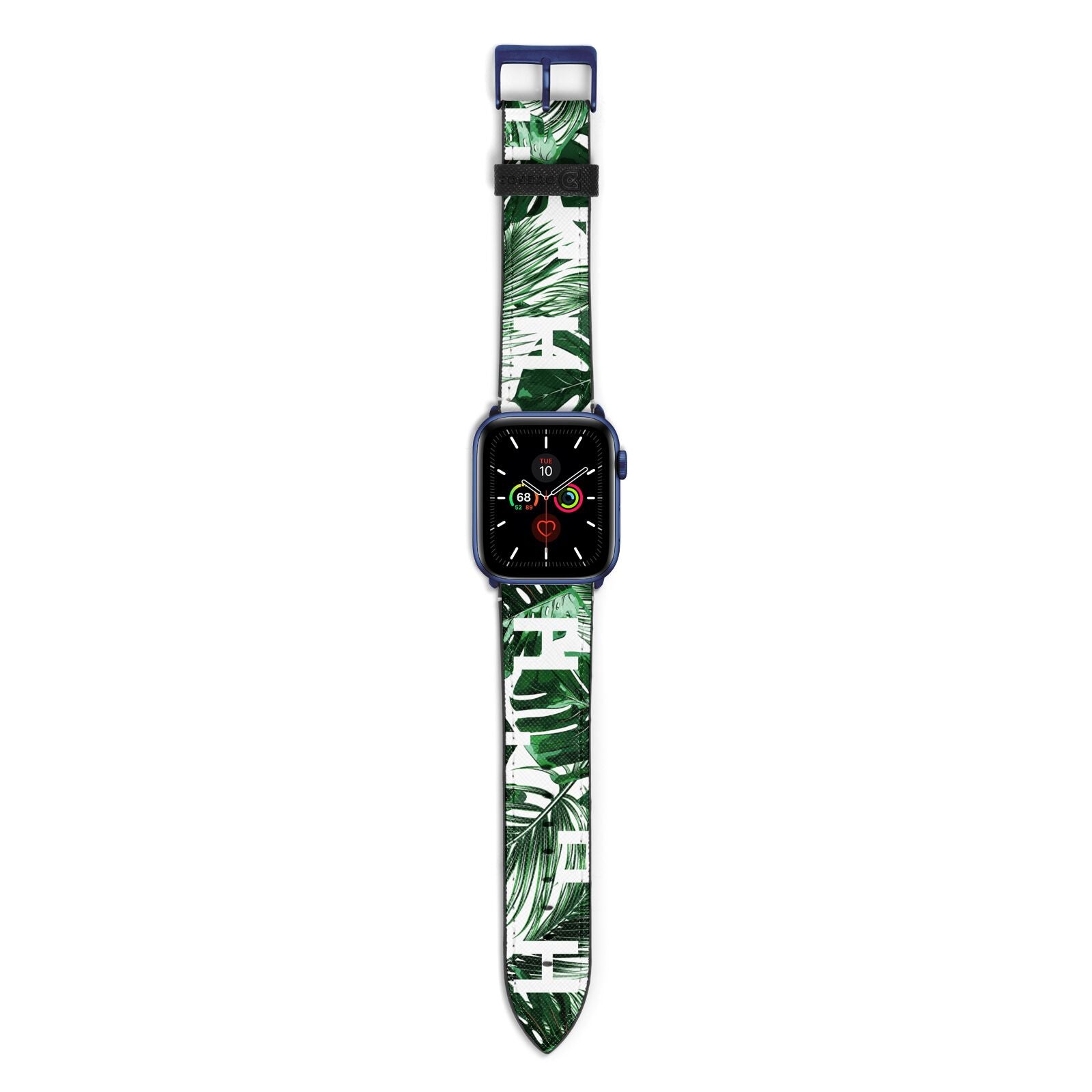 Personalised Palm Monstera Leaf Tropical Print Apple Watch Strap with Blue Hardware