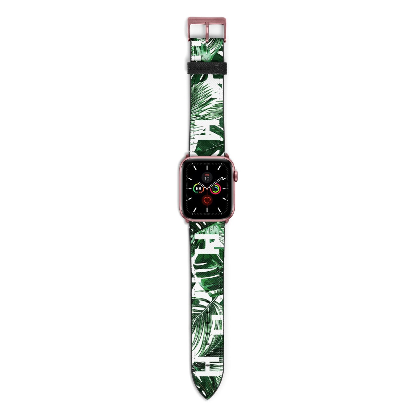 Personalised Palm Monstera Leaf Tropical Print Apple Watch Strap with Rose Gold Hardware