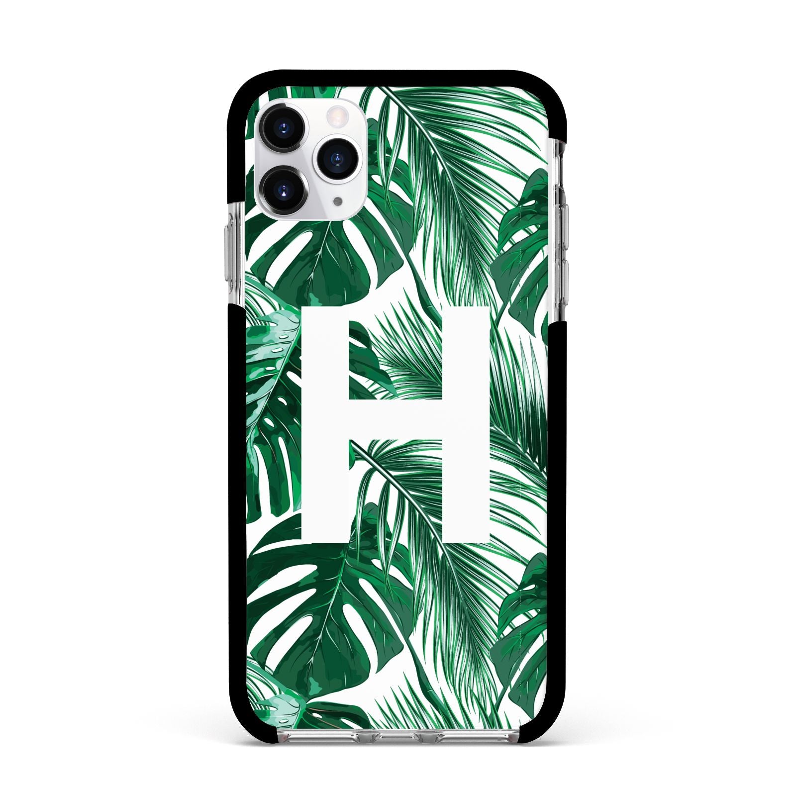 Personalised Palm Monstera Leaf Tropical Print Apple iPhone 11 Pro Max in Silver with Black Impact Case