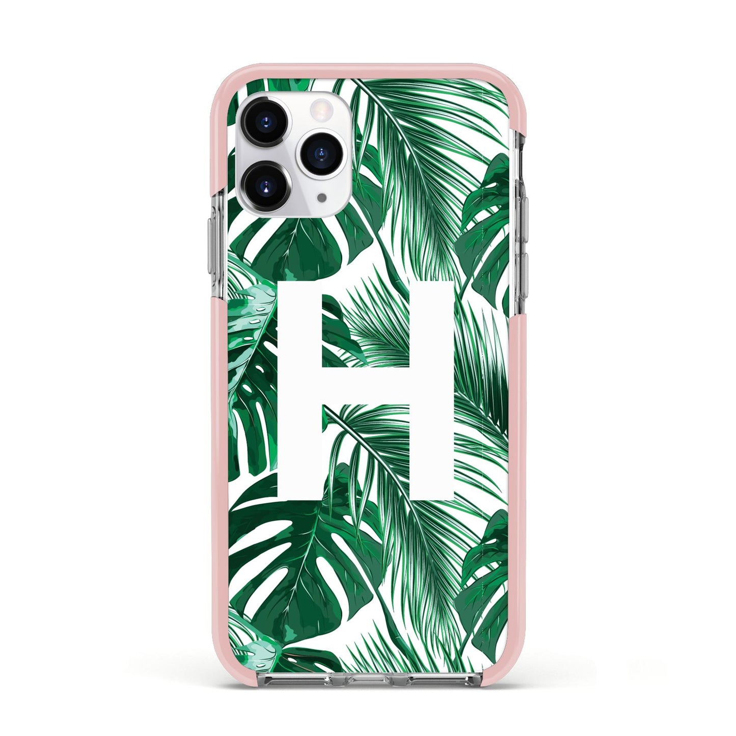 Personalised Palm Monstera Leaf Tropical Print Apple iPhone 11 Pro in Silver with Pink Impact Case