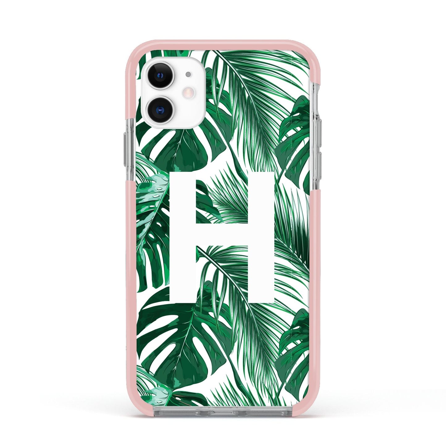 Personalised Palm Monstera Leaf Tropical Print Apple iPhone 11 in White with Pink Impact Case