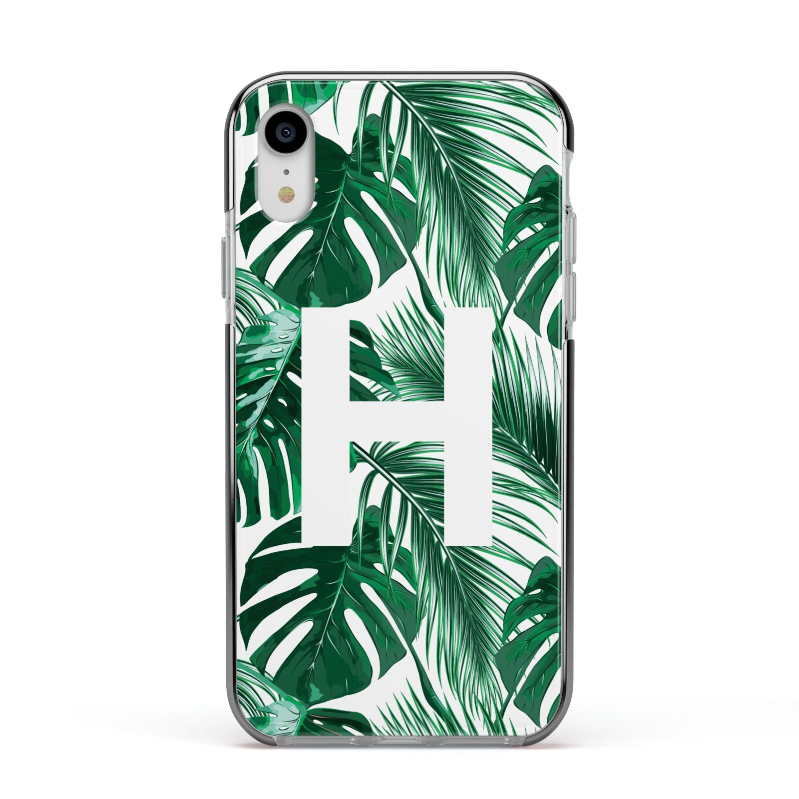 Personalised Palm Monstera Leaf Tropical Print Apple iPhone XR Impact Case Black Edge on Silver Phone