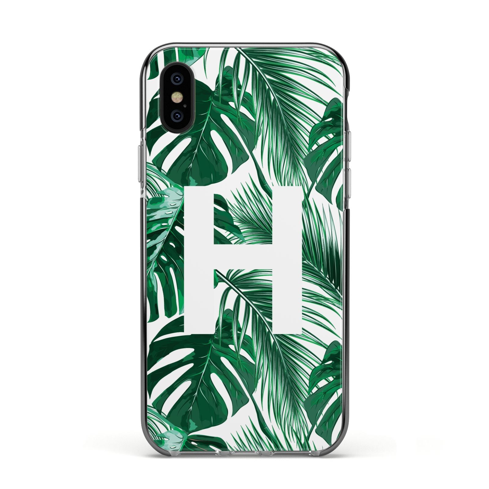 Personalised Palm Monstera Leaf Tropical Print Apple iPhone Xs Impact Case Black Edge on Black Phone