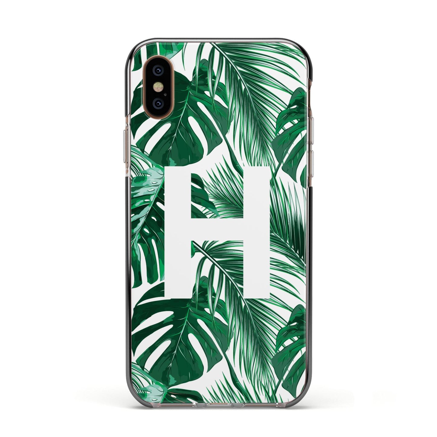 Personalised Palm Monstera Leaf Tropical Print Apple iPhone Xs Impact Case Black Edge on Gold Phone