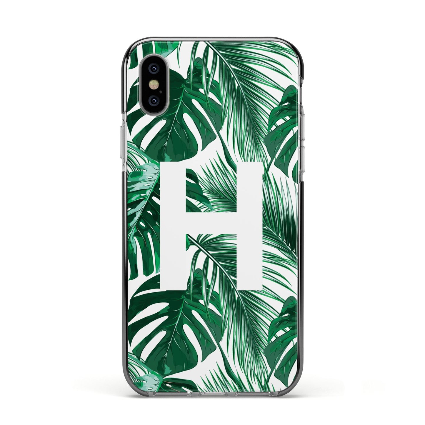 Personalised Palm Monstera Leaf Tropical Print Apple iPhone Xs Impact Case Black Edge on Silver Phone